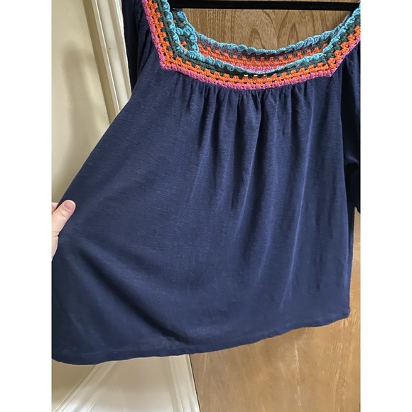 Boden Crochet Multicolor Square Neck Navy Linen Blouse Size 6 Flowy Puff Sleeve - Picture 8 of 14